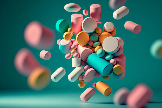 generative ai illustration of A group of antibiotic pill capsules, macro lens