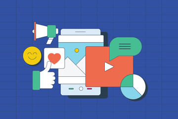 Social media application on mobile screen, browsing visual content increasing interaction digital promotion branding concept flat design vector illustration.