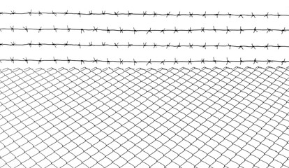 razor wire with its sharp steel barbs on top of a mesh perimeter fence ensuring safety and security, preventing access or the escape prisoners. isolated on white background. illustration.