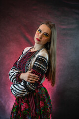 Pretty caucasian lady wear ethnic style embroidered shirt as traditional Ukrainian clothes