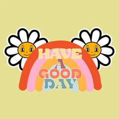 Fototapeta premium 70s retro groovy, rainbow and flower illustration print with inspirational slogan for girl, kids graphic tee t shirt or sticker