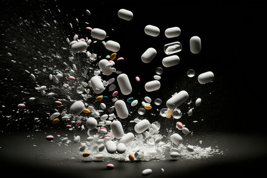 generative ai illustration of A group of antibiotic pill capsules, macro lens