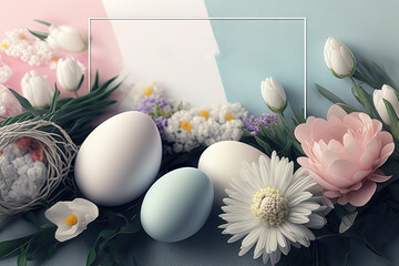 Easter decor. Mockup with frame for text, painted flowers, multicolored background. Flat lay with ceramic eggs and beautifull flowers. Copy space. Generative AI illustration, vivid colos.