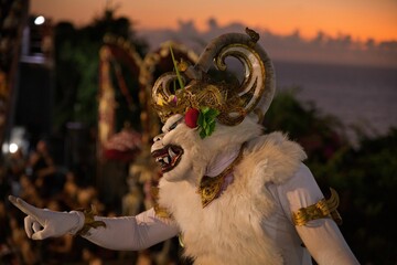 Close-up of a person in a monkey costume which is supposed to represent kumbakarna during a Hindu...