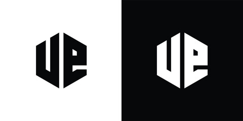 Letter U E Polygon, Hexagonal Minimal Logo Design On Black And White Background