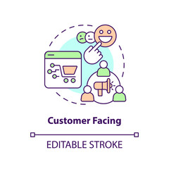 Customer facing concept icon. Audience engagement channel. Metaverse category abstract idea thin line illustration. Isolated outline drawing. Editable stroke. Arial, Myriad Pro-Bold fonts used