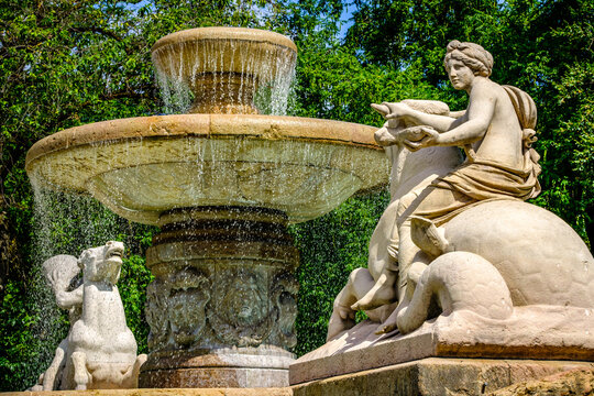 famous Wittelsbacher Brunnen fountain at the Lenbach Platz square in Munich
