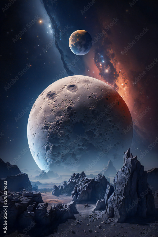 Poster big moon rising over a rock desert planet. created with generative ai technology.
