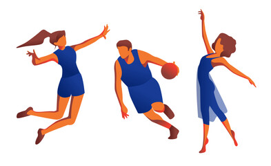Fototapeta na wymiar Athletes. Volleyball player in dynamic movement, a male basketball player with a ball, and a gymnast. Figures of athletes on a white background.