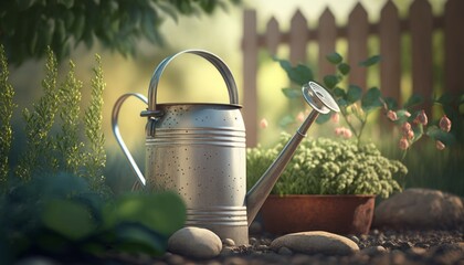 Watering can in garden background. Generative AI
