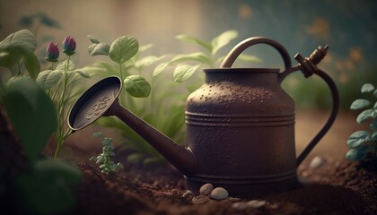 Generative AI of old rusted watering can in garden