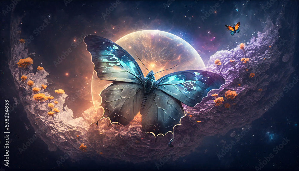 Poster a butterfly standing on a planet surrounded by flowers. peace, tranquility, serenity and nature reco