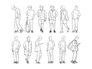 set of Man standing with his hands in his pants pocket line vector drawing. Minimalistic contour illustration.
