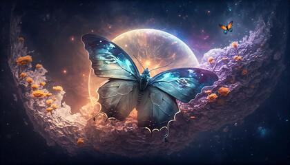 A butterfly standing on a planet surrounded by flowers. Peace, tranquility, serenity and nature recovering concept. Created with Generative AI technology. - obrazy, fototapety, plakaty