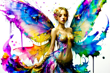 Beautiful fairy girl with multicolored wings on white background.