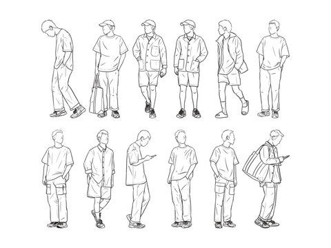 set of Man standing with his hands in his pants pocket line vector drawing. Minimalistic contour illustration.
