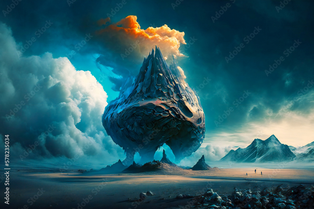 Poster gigantic alien structure surrounded by clouds on a strange blue alien planet. created with generativ