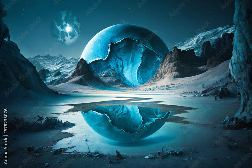Poster gigantic alien structure surrounded by clouds on a strange blue alien planet. created with generativ