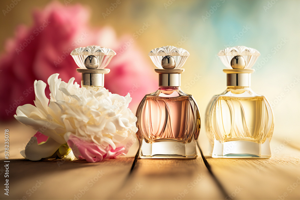 Poster three elegant perfume bottles with flowers in background. created with generative ai technology.