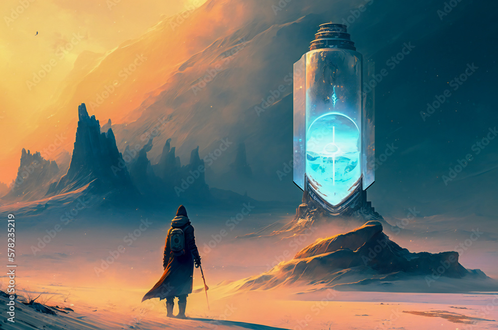 Poster illustration of a lonely man in the desert, in front on an blue luminescent alien device. created wi