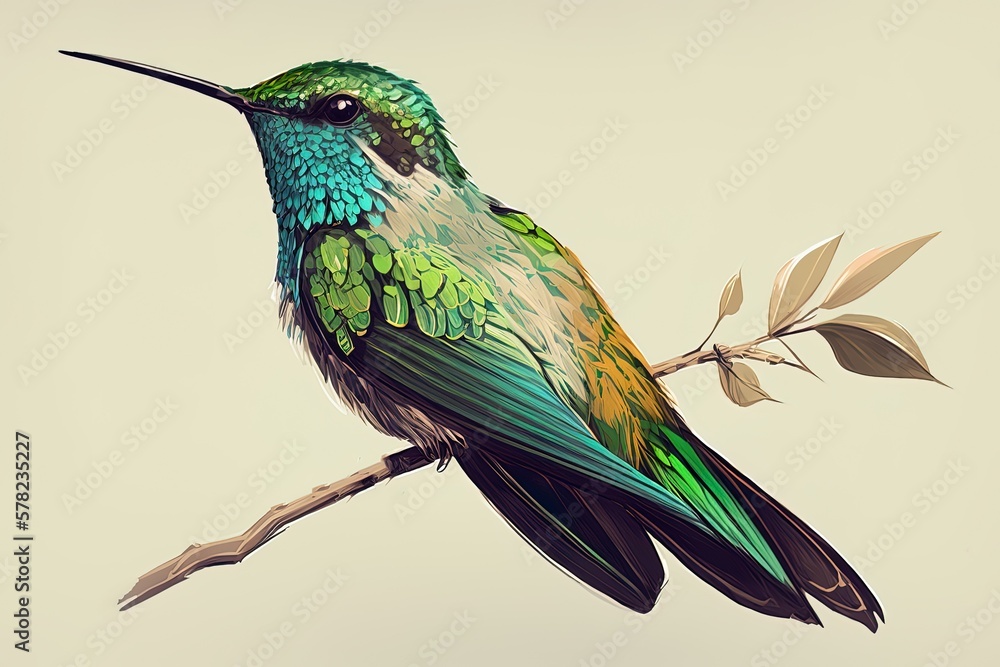 Poster green bee hummingbird, seen from behind and to the side on the tip of a branch. generative ai