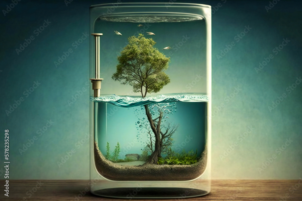 Poster a small green tree in a jar with water. concept of environment care and nature preservation. created