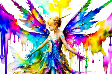 Beautiful fairy girl with multicolored wings on white background.