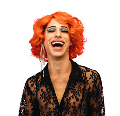 Glamorous drag queen laughing happily while isolated on a transparent background
