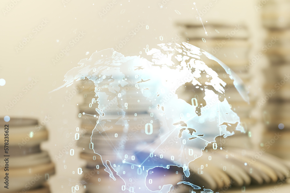 Aufkleber abstract virtual coding concept and world map hologram on stacks of coins background. multiexposure