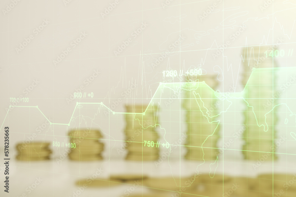 Poster multi exposure of creative statistics data hologram on growing stacks of coins background, stats and