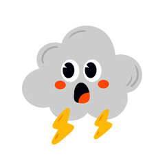 Cute cartoon kawaii dark cloud with thunderbolt icon.	