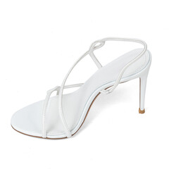 Fashionable White Leather Women's Sandals Shoes with Thin High Heels with Straps on White Background
