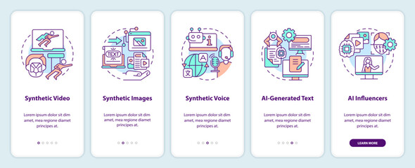 Synthetic media types onboarding mobile app screen. VR walkthrough 5 steps editable graphic instructions with linear concepts. UI, UX, GUI template. Myriad Pro-Bold, Regular fonts used