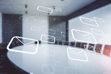 Abstract virtual postal envelopes illustration on a modern conference room background. Email and communications concept. Multiexposure