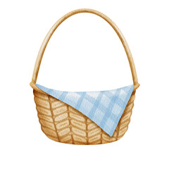 Watercolor brown basket and blue fabric.	
