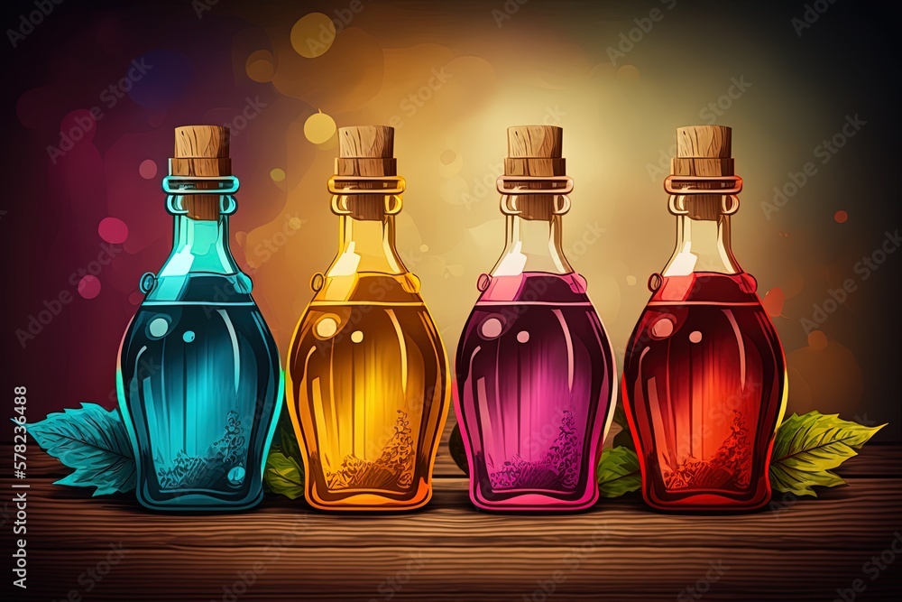 Poster images of colored liquids stored in glass bottles on a wooden table generative ai
