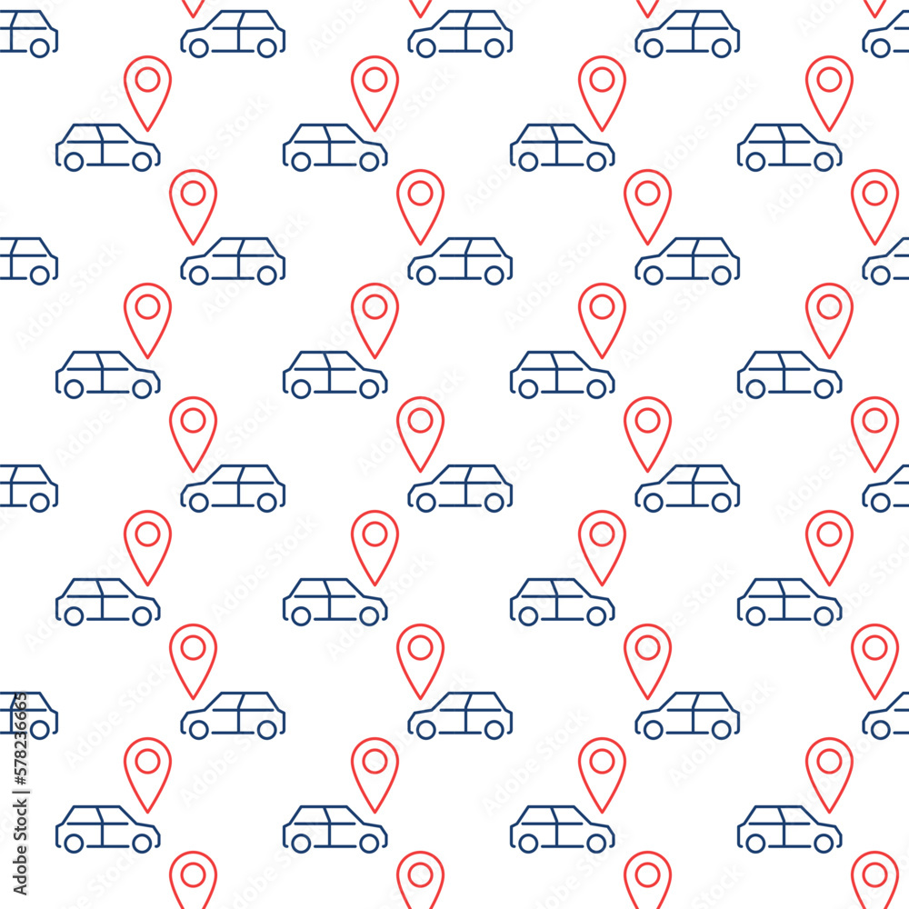 Poster car and red map pointer vector location line seamless pattern