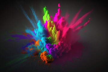 Obraz premium Colorful explosion of holi powder on the black background created with Generative AI technology