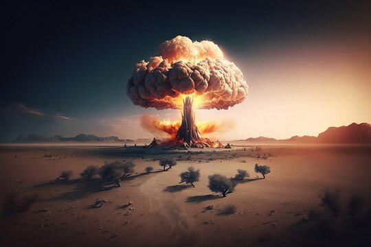 Nuclear explosion. Word nuclear war. Nuclear mushroom over water created with Generative AI technology