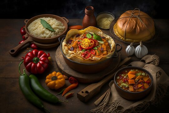 Colombian food. Traditional spicy colombian dishes on the table with garlic, chili pepper and paprika, top view created with Generative AI technology