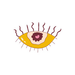 Psychedelic groovy eye with heart isolated. Cute cartoon eye groovy retro style. Vector illustration