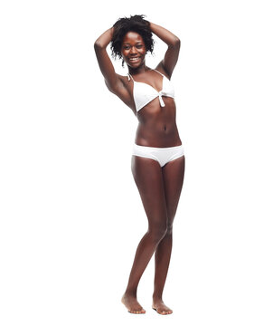 An African black woman wearing a bikini and underwear promotes positivity, motivation, and skincare by highlighting the importance of body cosmetics and dermatolog isolated on a png background.