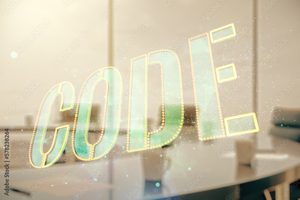 Leinwandbilder code word hologram on a modern meeting room background, artificial intelligence and neural networks 