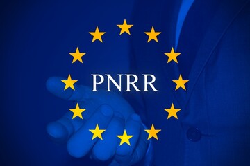 European flag with a business man and the text "PNRR" as background