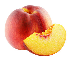 Ripe whole peach fruit with slice isolated on transparent background. Full depth of field.