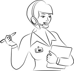 Young attractive girl call center operator. Cartoon. Black contour with thinning.