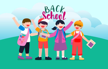 Fototapeta na wymiar Welcome Back to school with funny school characters flat vector illustration.