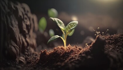 New plant sprout growing out of the soil. Generative AI
