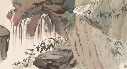 カラー水墨画風の滝と山々