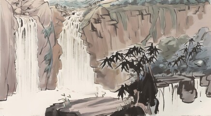 カラー水墨画風の滝と山々